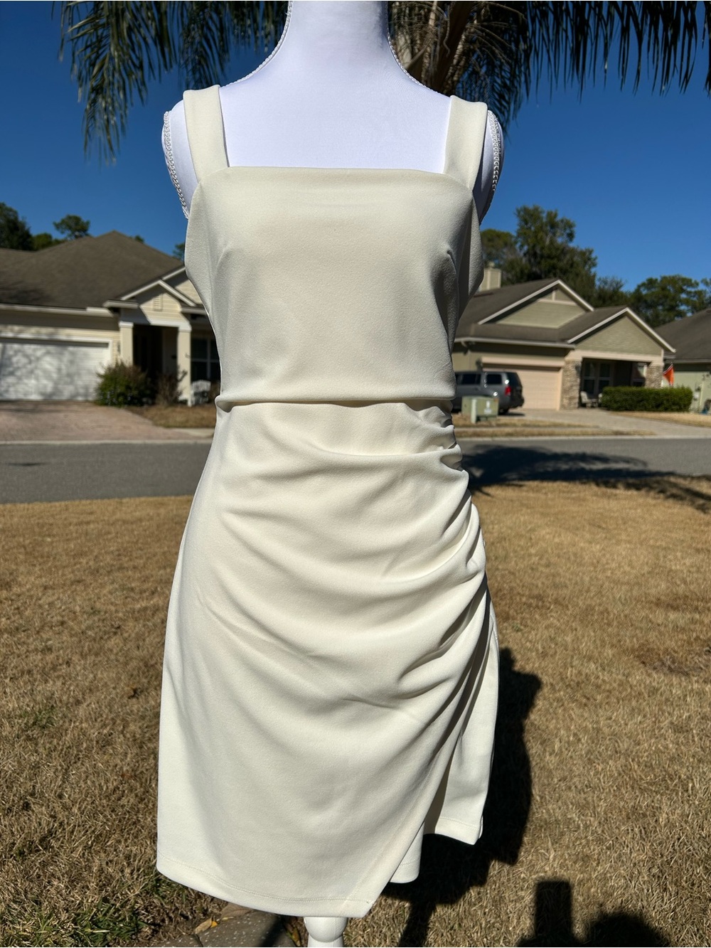 NWT🌷Express Cream Square-Neck Ruched Mini Dress to